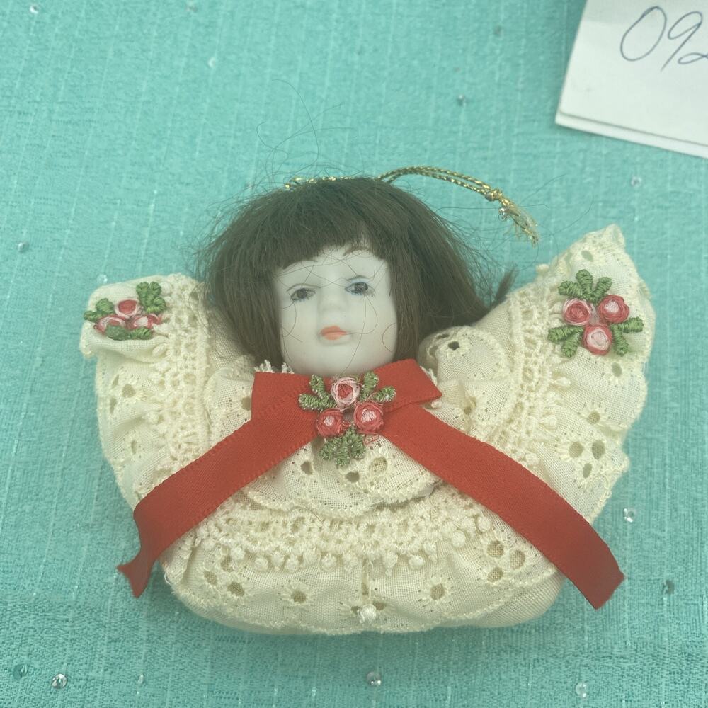 Vintage Porcelain Doll Bust Christmas Ornament Stuffed Eyelet Lace By Jontue